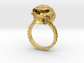 Women's Flaming Skull Ring With Roller Chain in Polished Brass