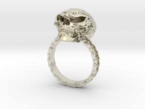 Women's Flaming Skull Ring With Roller Chain in 14k White Gold