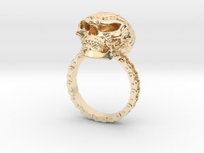 Women's Flaming Skull Ring With Roller Chain in 14k Gold Plated Brass