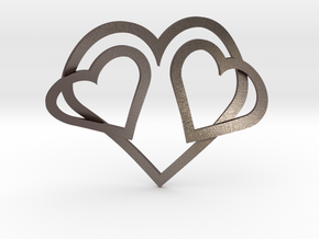 Hearts Necklace / Pendant-05 in Polished Bronzed Silver Steel