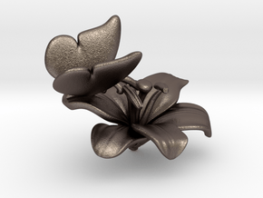 Butterfly And Lily Flower - S in Polished Bronzed Silver Steel
