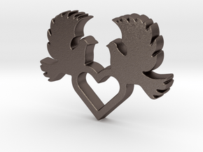 Doves with Heart V1 Pendant - Amour Collection in Polished Bronzed Silver Steel