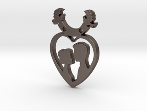 Two in One Heart with Doves V2 Pendant - Amour in Polished Bronzed Silver Steel