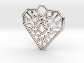Heart Circuit Pendant 1 in Rhodium Plated Brass