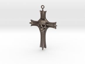 Skull Crucifix Pendant in Polished Bronzed Silver Steel