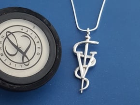Rod Of Asclepius Veterinarian Pendant in Fine Detail Polished Silver