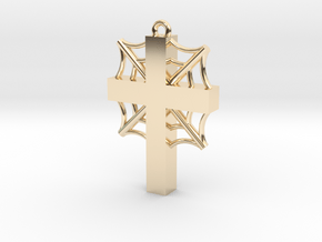 Cross with cobwebs and the words in 14K Yellow Gold