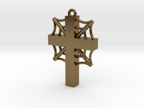 Cross with cobwebs and the words in Polished Bronze