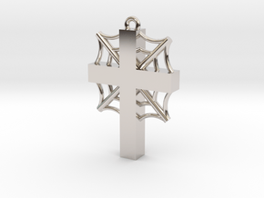 Cross with cobwebs and the words in Rhodium Plated Brass