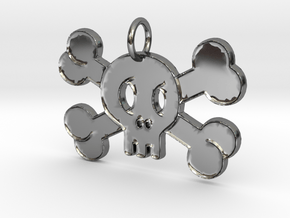 Cute Skull With Bones Pendant Charm in Fine Detail Polished Silver