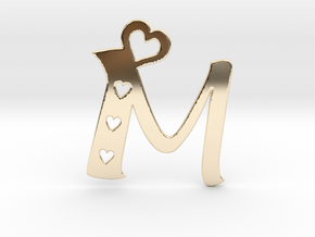 Initial M with heart cut outs pendant in 14k Gold Plated Brass