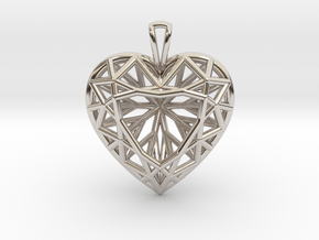 3D Printed Diamond Heart Cut Pendant (Large)  in Rhodium Plated Brass