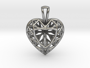 3D Printed Diamond Heart Cut Pendant (Small) in Natural Silver
