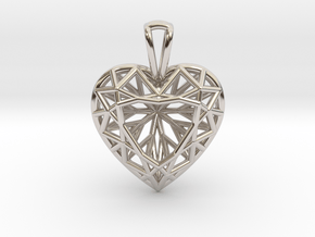 3D Printed Diamond Heart Cut Pendant (Small) in Rhodium Plated Brass