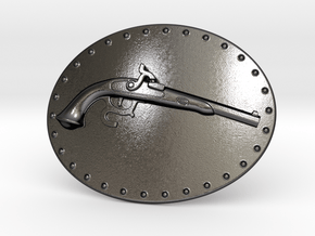 Muzzle Loading Gun Belt Buckle in Polished and Bronzed Black Steel