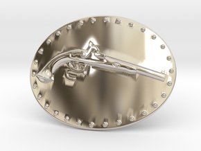 Muzzle Loading Gun Belt Buckle in Rhodium Plated Brass