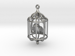 Bird in a Cage Pendant 02 in Natural Silver (Interlocking Parts)