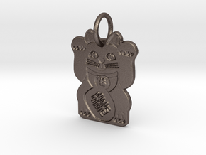Maneki Neko BOTH Paws Beckoning Lucky Cat Pendant in Polished Bronzed Silver Steel
