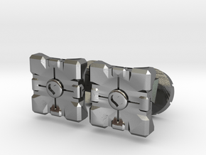 Portal companion cube cufflinks in Polished Silver