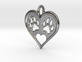 Cat paw print love heart pendant in Polished Silver