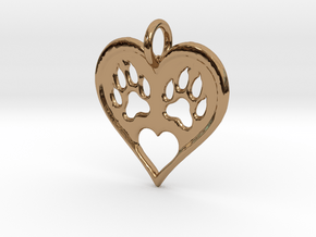Cat paw print love heart pendant in Polished Brass