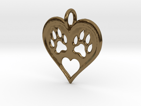 Cat paw print love heart pendant in Polished Bronze