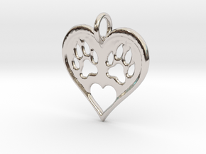 Cat paw print love heart pendant in Rhodium Plated Brass