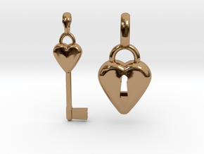 2 Pendants Hollow Heart and Key to Heart in Polished Brass