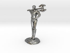 Female Barbarian Human With Great Axe and Braid in Fine Detail Polished Silver