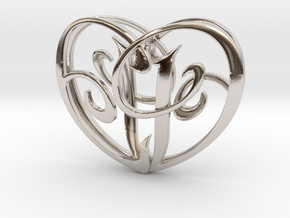 Scripted Initials 3d Heart - 4cm in Rhodium Plated Brass