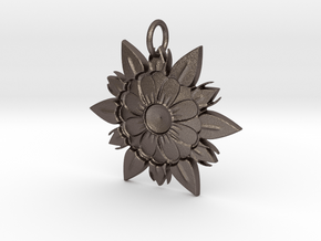 Elegant Chic Flower Pendant Charm in Polished Bronzed Silver Steel