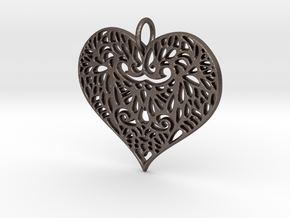 Beautiful Romantic Lace Heart Pendant Charm in Polished Bronzed Silver Steel