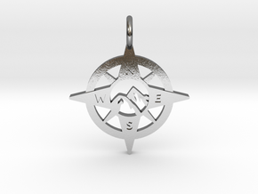 Compass and Mountains Pendant in Polished Silver