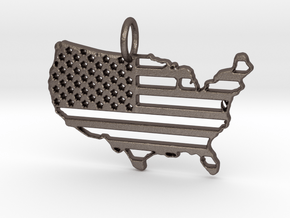 American USA Flag Map Pendant Charm in Polished Bronzed Silver Steel