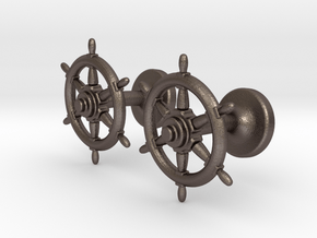 Ships Wheel cufflinks in Polished Bronzed Silver Steel