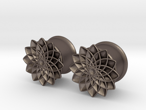 5/8" ear plugs 16mm - Flowers 12 petals in Polished Bronzed Silver Steel