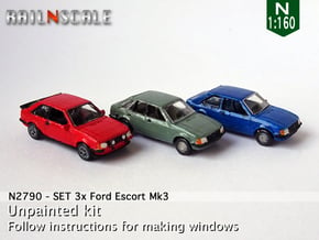 SET 3x Ford Escort Mk3 (N 1:160) in Gray Fine Detail Plastic