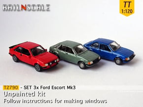 SET 3x Ford Escort Mk3 (TT 1:120) in Gray Fine Detail Plastic