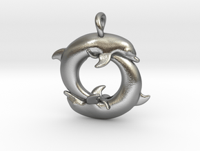 Piscean / Yin Yang Dolphin Totem Pendant 4.5cm in Natural Silver