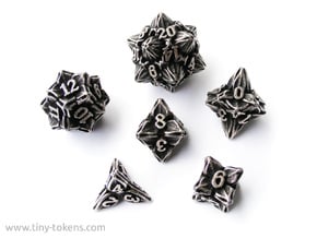 Floral Dice - Gaming Set (6 dice) in Polished Bronzed Silver Steel