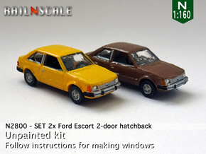 SET 2x Ford Escort 2-door hatchback (US) (N 1:160) in Tan Fine Detail Plastic