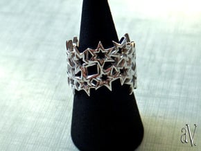 Scatter 6 Sided Stars Ring in Rhodium Plated Brass: 8 / 56.75