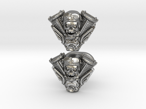 Skull engine cufflinks in Natural Silver