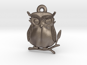 Cute Owl Pendant in Polished Bronzed Silver Steel: Medium