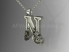 Scroll Letter N – Initial Letter Pendant in Fine Detail Polished Silver