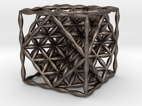 Flower of Life Hexahedron 1" (Cube)  in Polished Bronzed Silver Steel