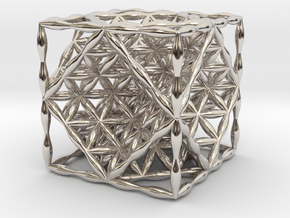 Flower of Life Hexahedron 1" (Cube)  in Rhodium Plated Brass