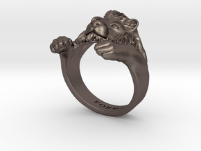 Lion Hug Ring in Polished Bronzed Silver Steel: 5 / 49