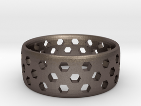 Hex Cutout Ring in Polished Bronzed Silver Steel: 6 / 51.5