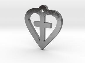 Heart shaped cross pendant in Polished Silver: 15mm
